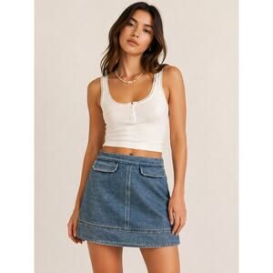 Migaino Y2K Denim Mini Skirt Minimalist Flap Pocket Blue Size L